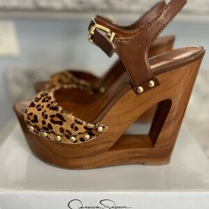 Jessica Simpson Brown Wedge Sandals with Leopard Print